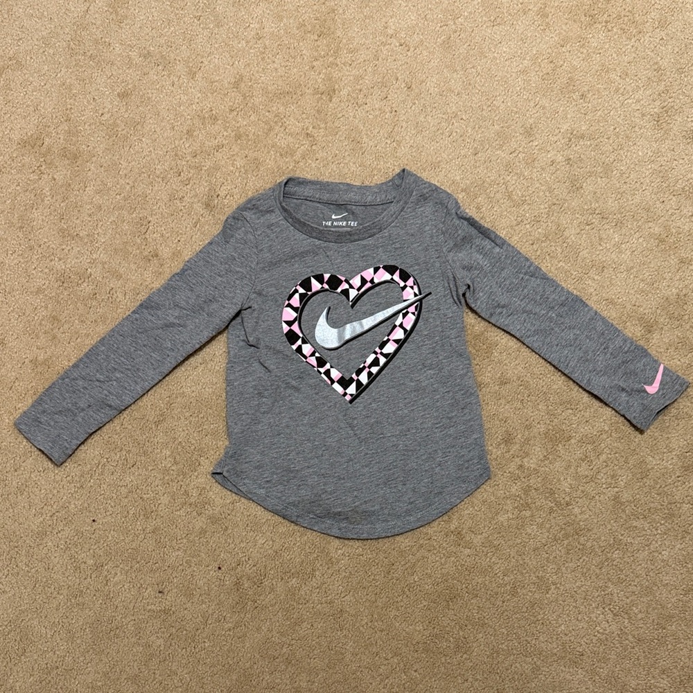 Nike Kids Gray Long Sleeve Tee with Pink Heart Design